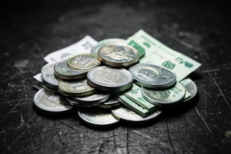 A stack of various international currency coins and banknotes neatly arranged.