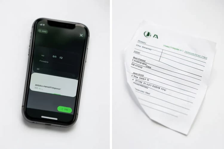 A split image showing a digital wallet on one side and a traditional bank transfer slip on the other.