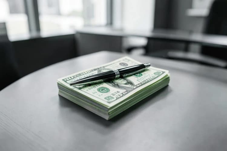 A close-up of a metal pen resting on a stack of crisp, new banknotes, with a blurred background of a modern office desk.