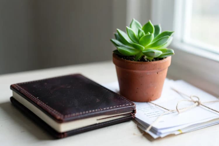 A wooden desk with a small potted succulent, a closed leather-bound notebook, and a stack of official-looking documents tied with twine.