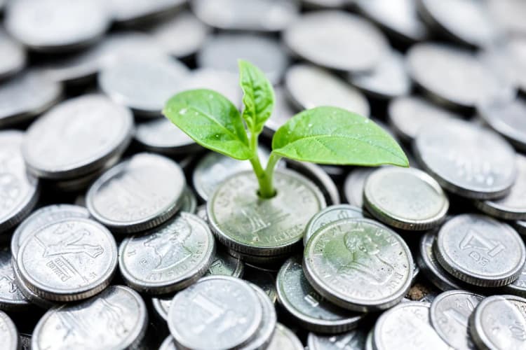 A single, unfurling green sprout emerging from a pile of scattered coins, symbolizing growth.