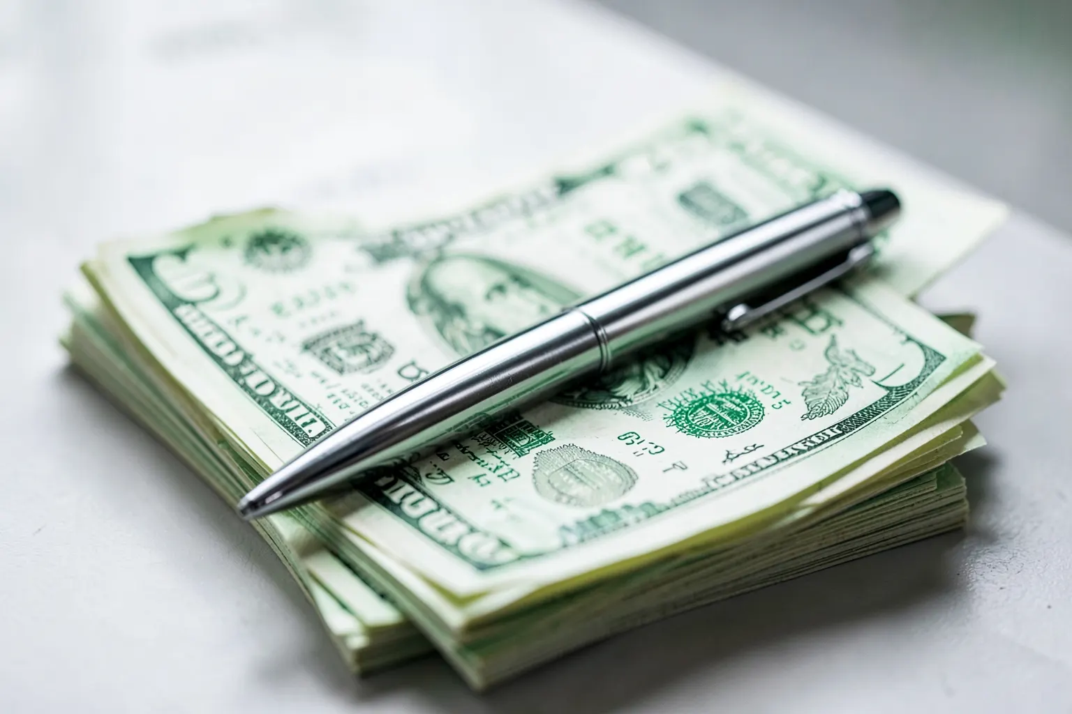 A close-up of a metal pen resting on a stack of crisp, new banknotes, with a blurred background of a modern office desk.