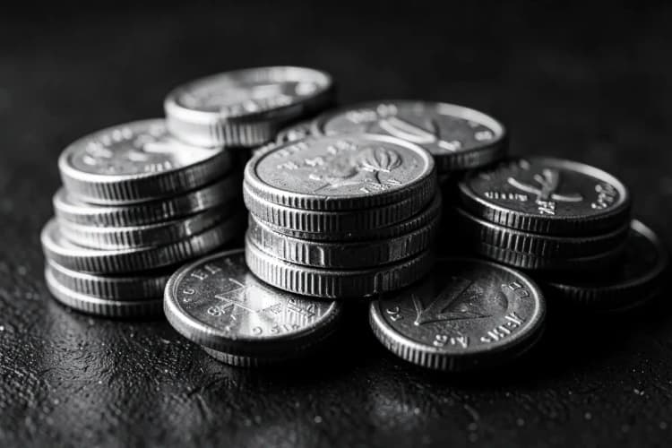 A close-up of stacked coins from different countries.