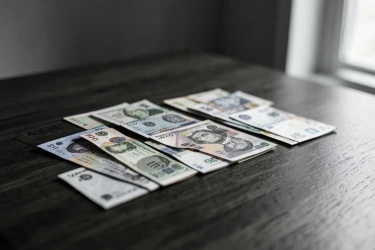 A person's hand organizing different currency banknotes.
