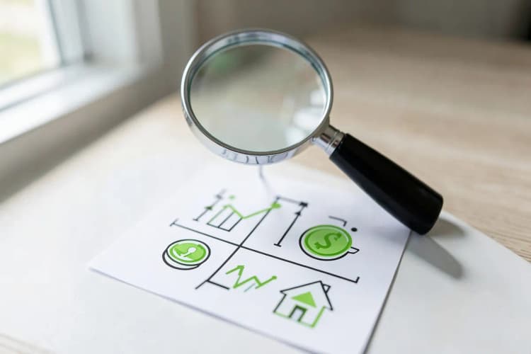 A magnifying glass hovering over a checklist with various financial transaction features, highlighting important aspects of payment platforms.