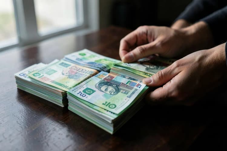 A businessperson's hands organizing stacks of different currencies on a wooden desk, representing financial management for international business.
