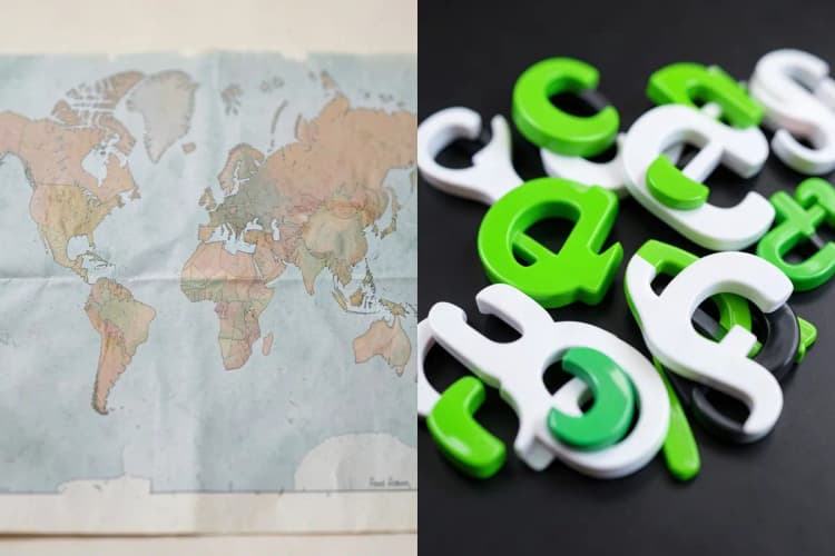 A split image showing a world map on one side and a diverse set of currency symbols on the other, representing global financial choices.