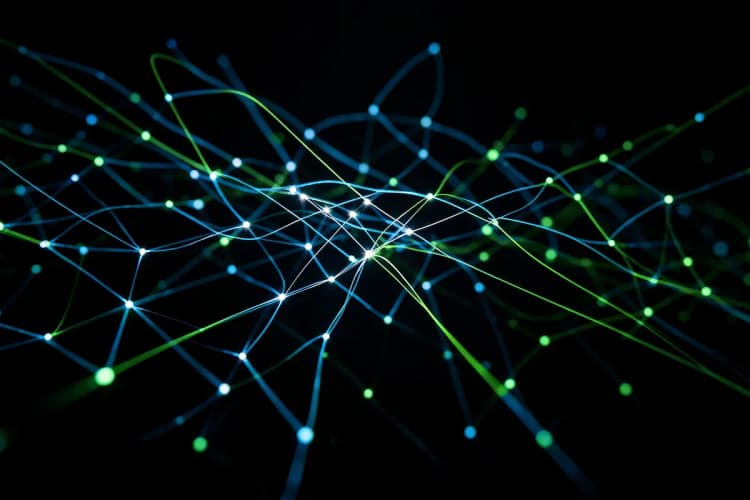 Abstract glowing lines and nodes forming a futuristic network, symbolizing the evolution and future trends in global payments.